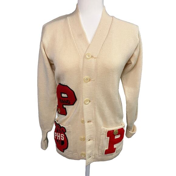 1960’s Burean Letterman Cardigan Sweater Size 36 Cream/Red PHS Band - Picture 1 of 16